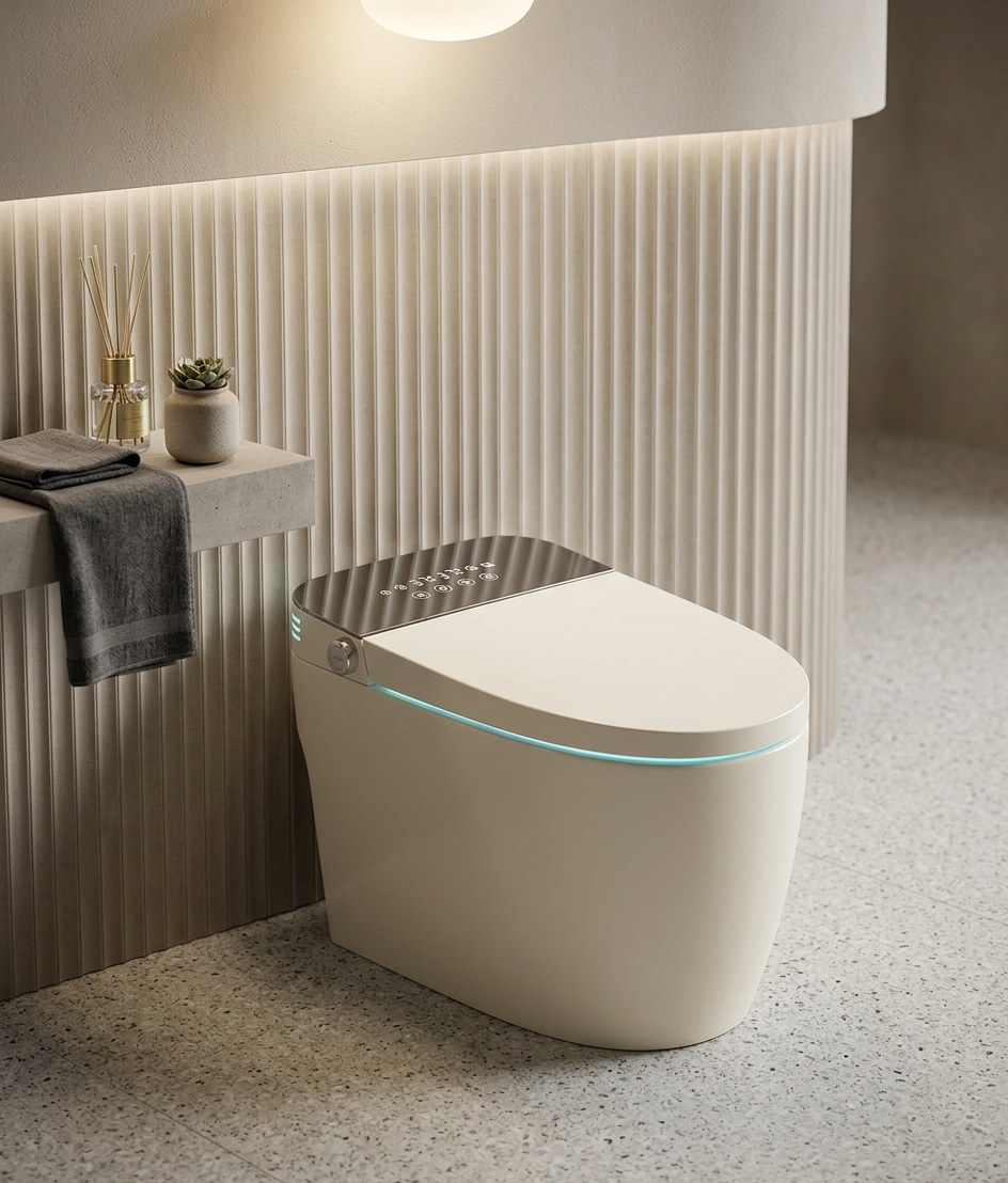 Vaso sanitário inteligente TichuTech 8804 em banheiro premium com parede ripada e piso de terrazzo