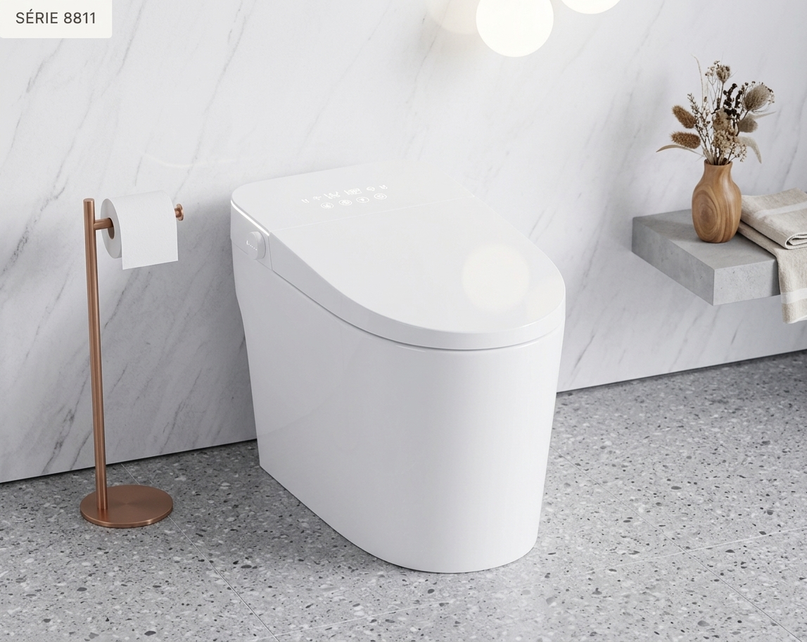 Vaso sanitário inteligente TichuTech 8811 branco sobre piso de terrazzo, com parede de mármore