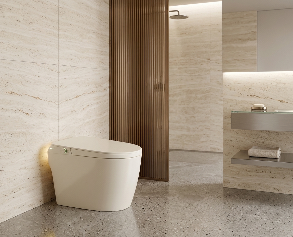 Vaso sanitário inteligente TichuTech S680 em banheiro de travertino com box e divisória de madeira