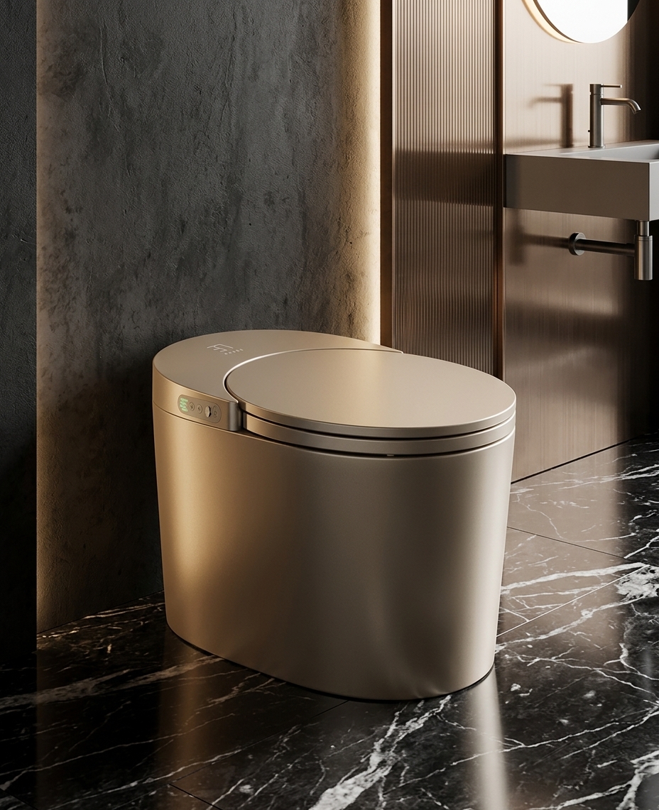 Vaso sanitário inteligente TichuTech X-201 na cor champagne, em banheiro de concreto e mármore preto